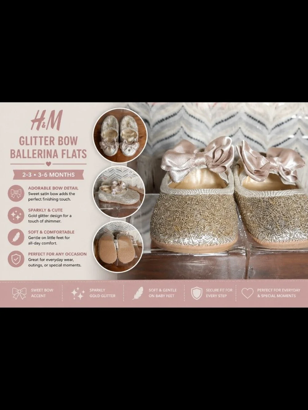 H&M 2-3 3-6 Months Baby Gold Glitter Bow Detail Ballerina Flats